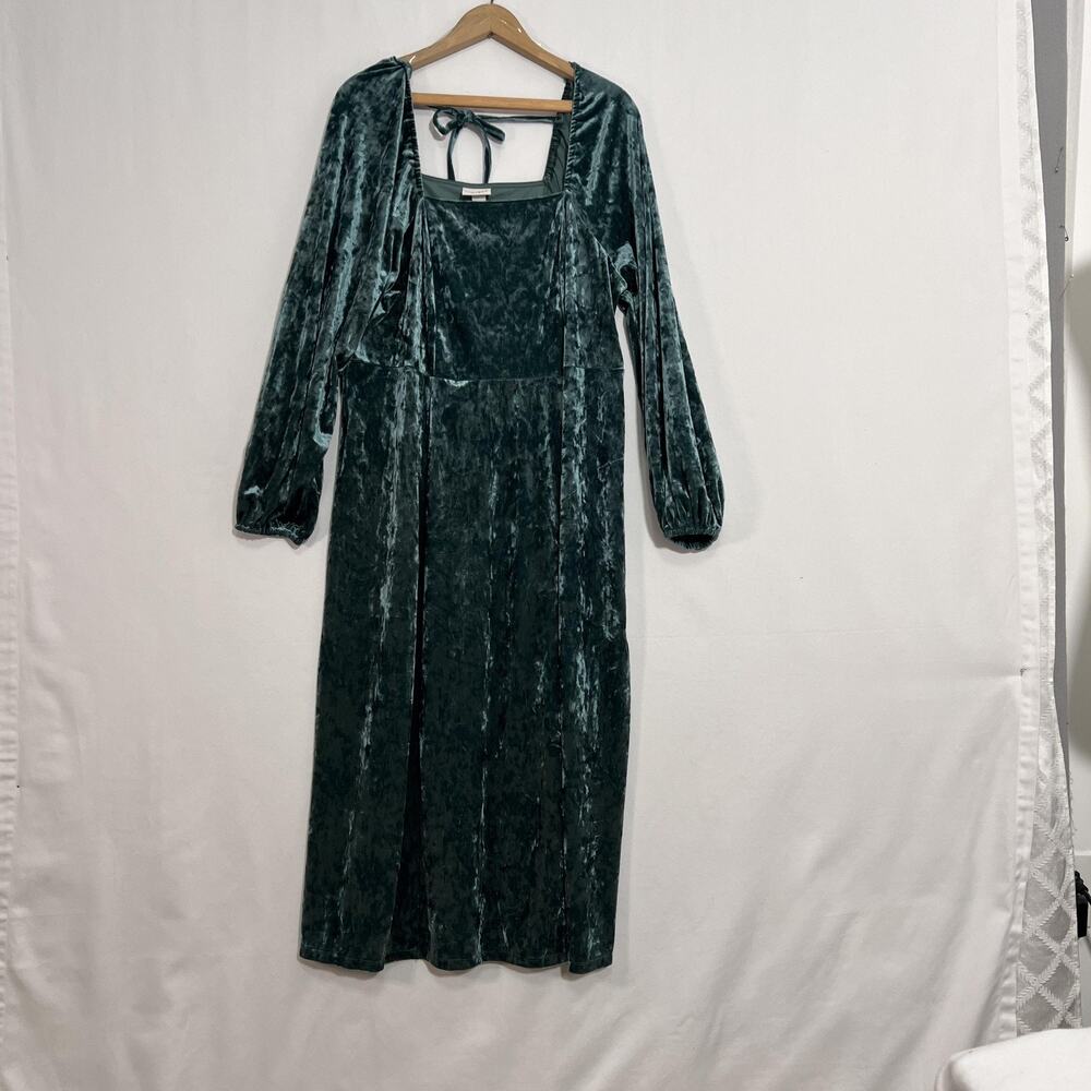 Ava & Viv Dress Womens 1X Green Crushed‎ Velvet Square Neck Balloon Sleeve Midi - Picture 6 of 13